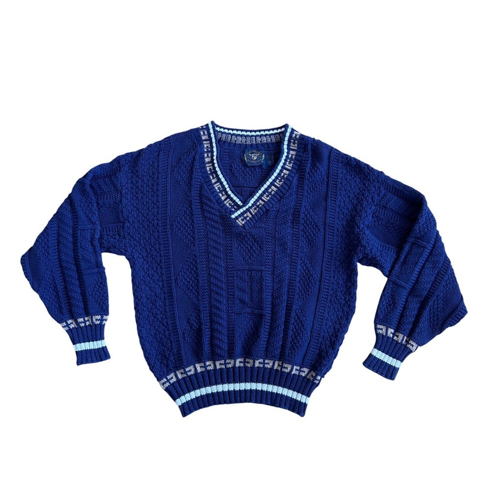 Vtg Lake Harmony Rowing Club Blue Cable Knit tennis Sweater V-Neck Cotton Mens M